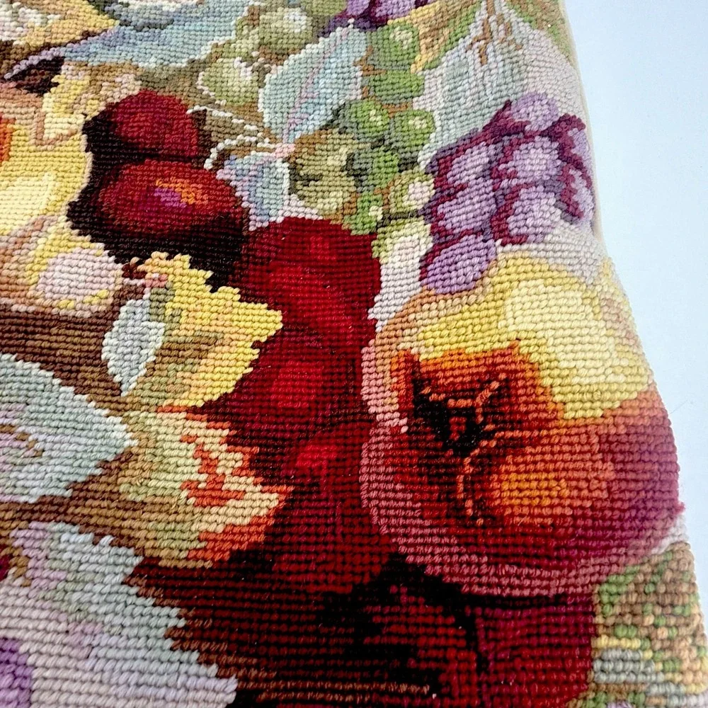 Vintage Needlepoint Pillow Tapestry Throw Pillow Floral Fruit Stitched